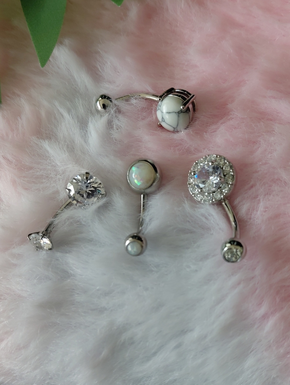 Silver Tone Navel Ring Set with White Marble and Opalescent Stones